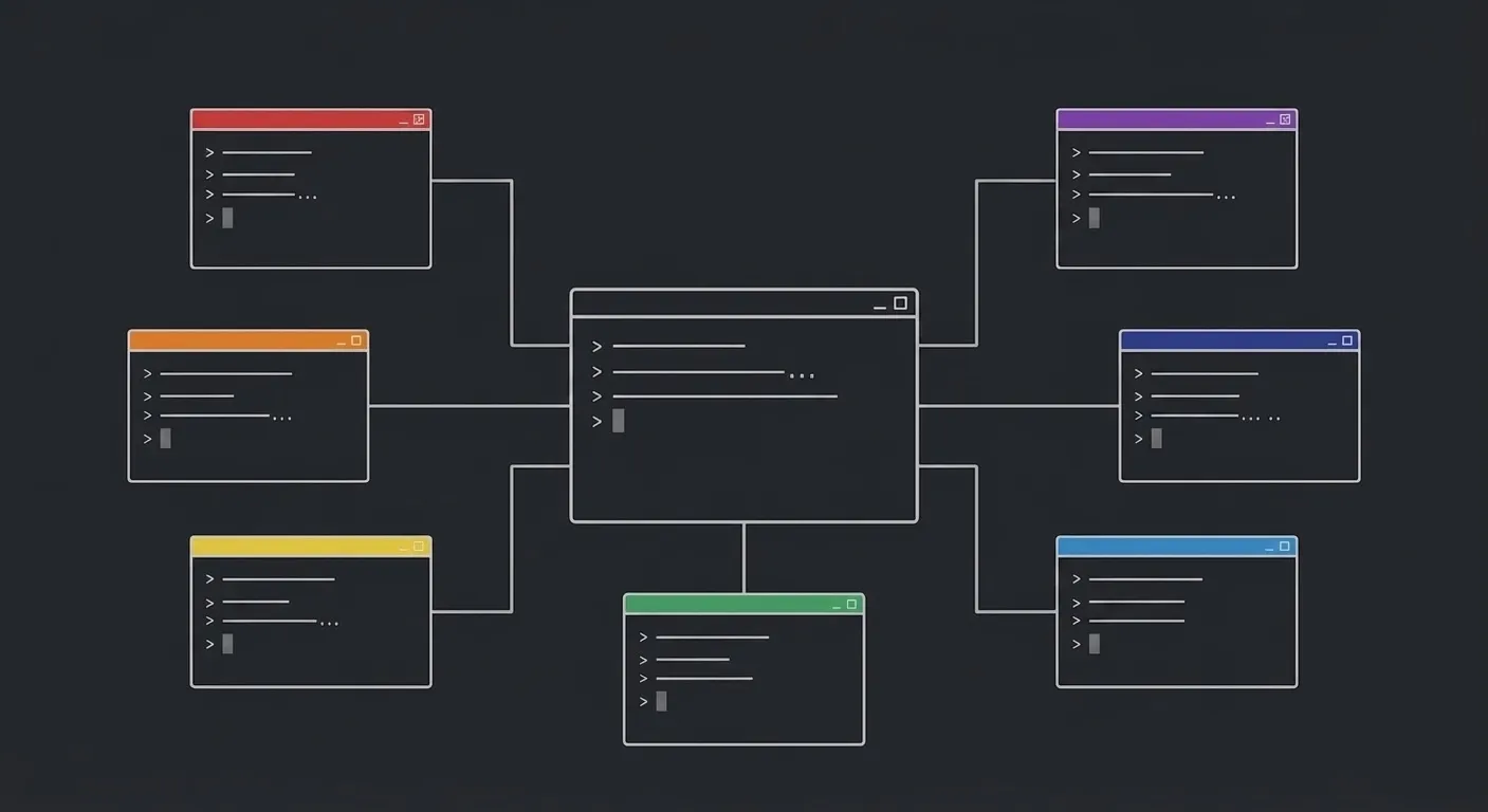 An orchestrator in the main window dispatching tasks to a fleet of seven rainbow-colored agents
