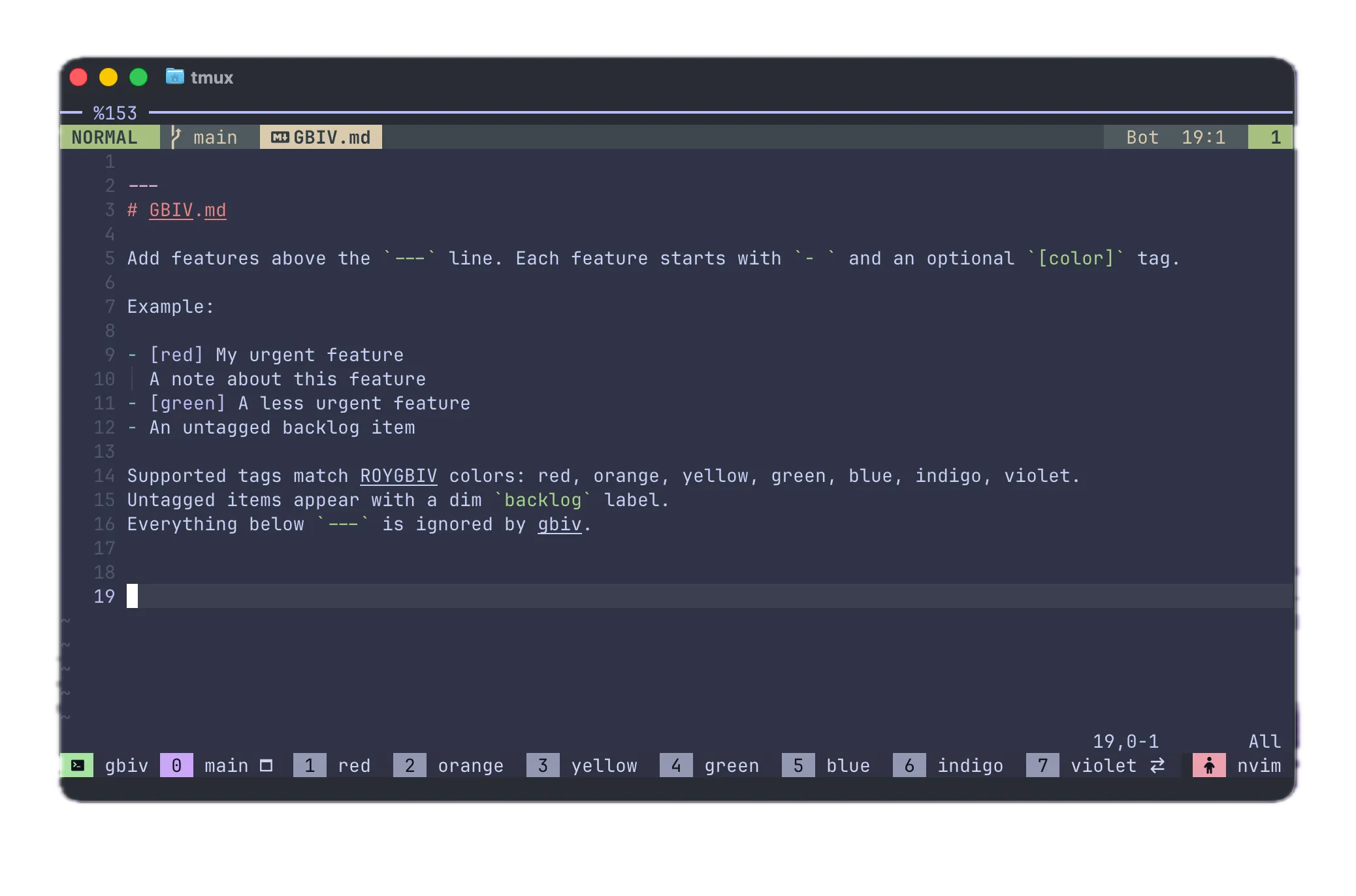 A tmux session created by gbiv, with a window for the main worktree and each of the seven rainbow-colored worktrees